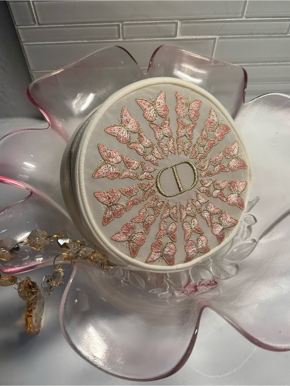 Dior Butterfly embroidered mesh wristlet pouch
